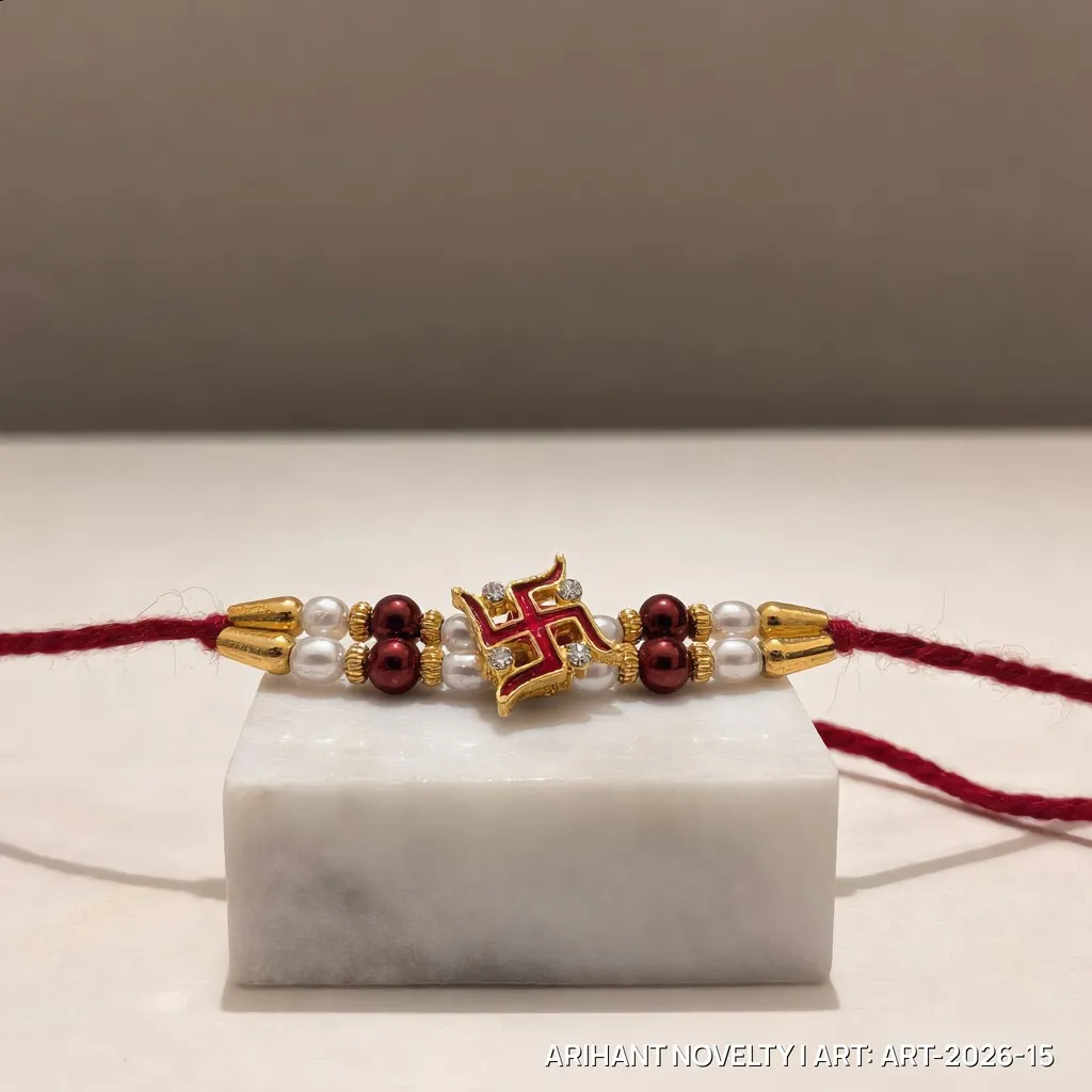 Red Swastik CZ Pearl Rakhi view 4