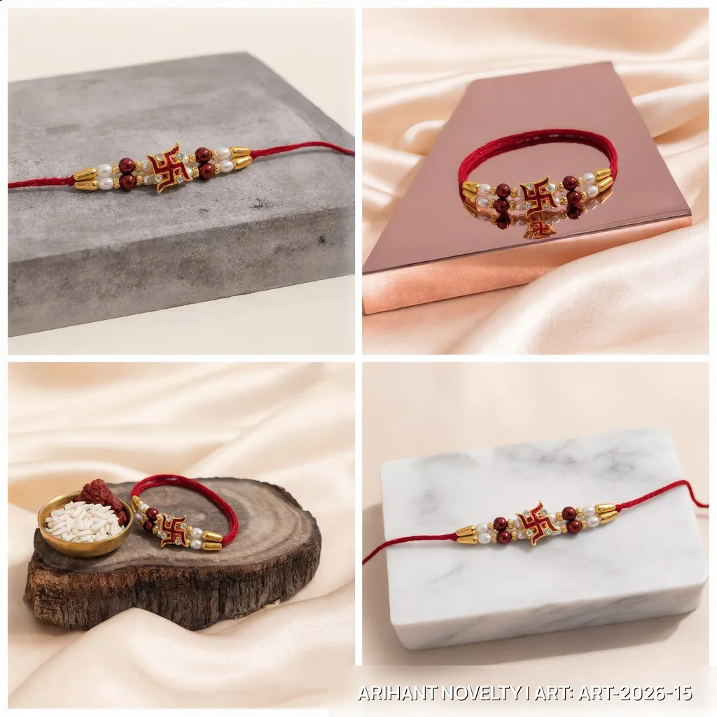 Red Swastik CZ Pearl Rakhi view 5