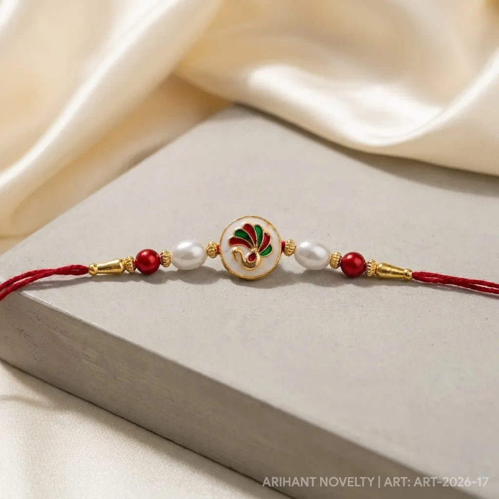Sunburst CZ Pearl Rakhi – handmade Kundan rakhi from Bikaner by Arihant Novelty