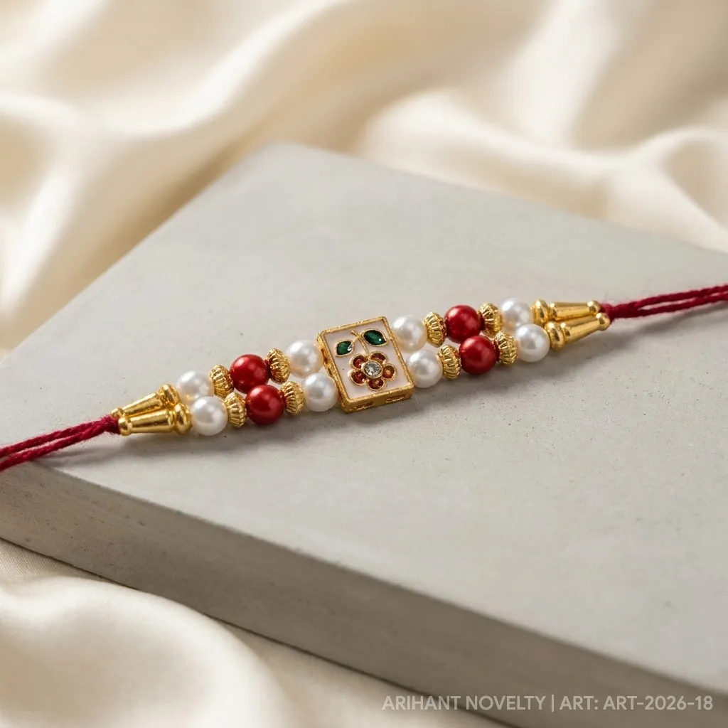 Rose Dot Meenakari Pearl – handmade Meenakari rakhi from Bikaner by Arihant Novelty