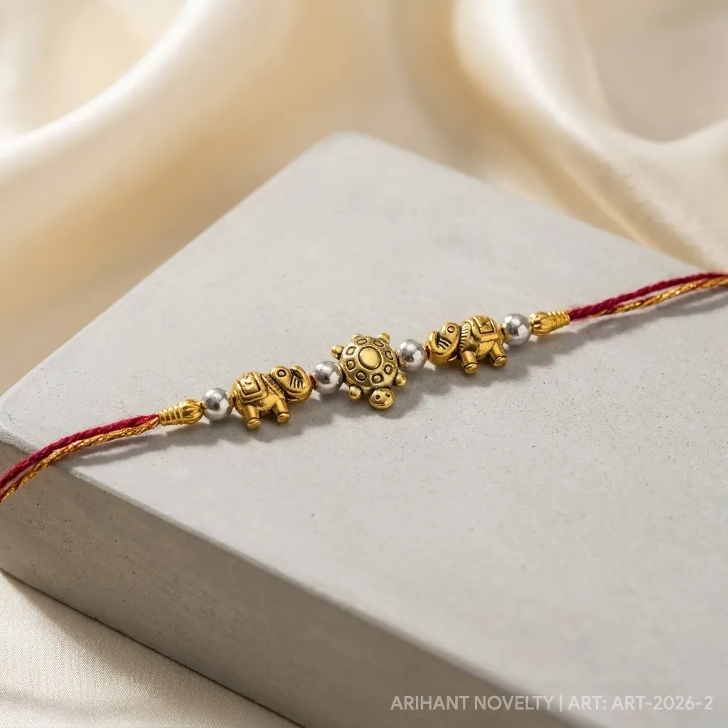 Gold Elephant & Turtle Blessings – handmade Traditional rakhi from Bikaner by Arihant Novelty