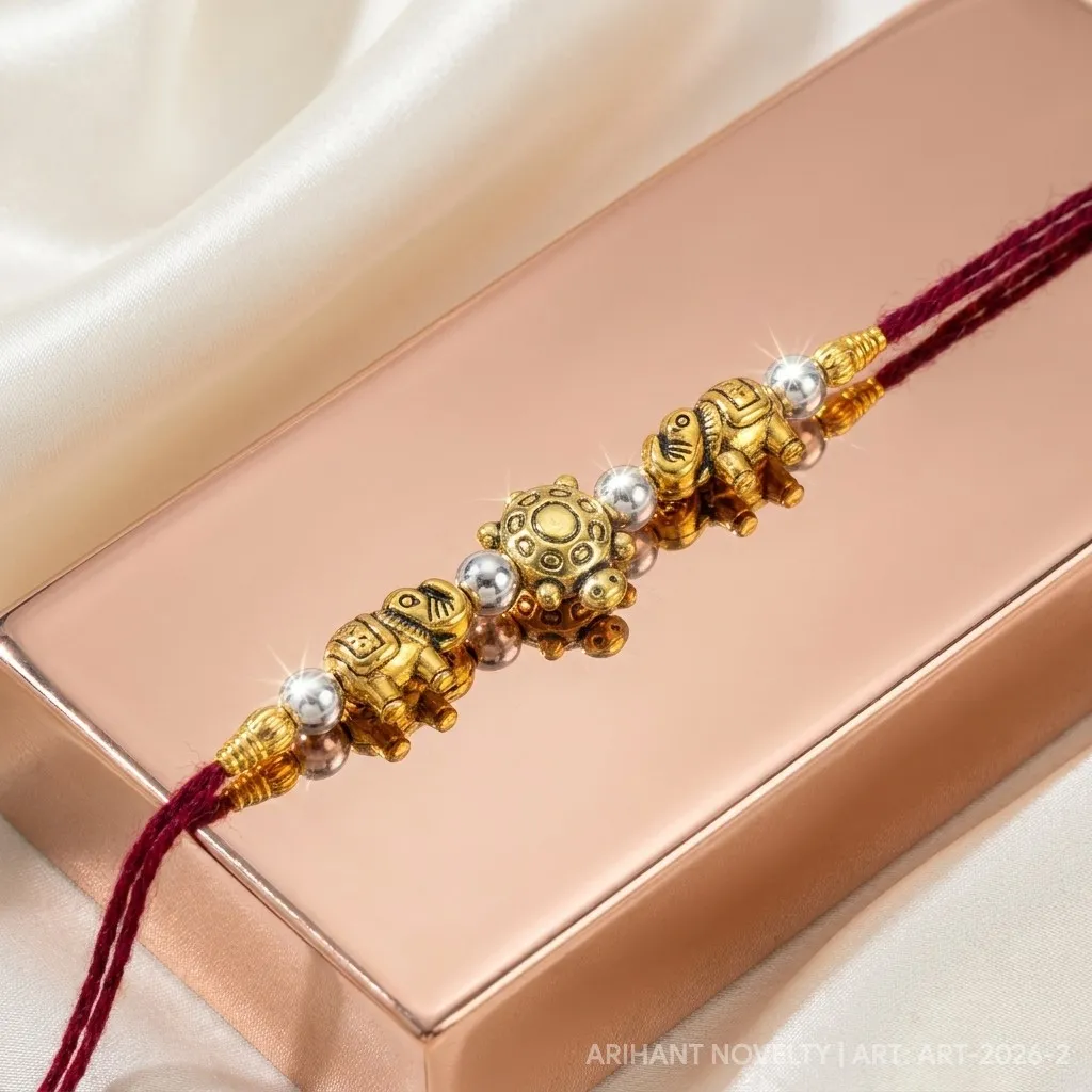 Gold Elephant & Turtle Blessings – handmade Traditional rakhi from Bikaner by Arihant Novelty