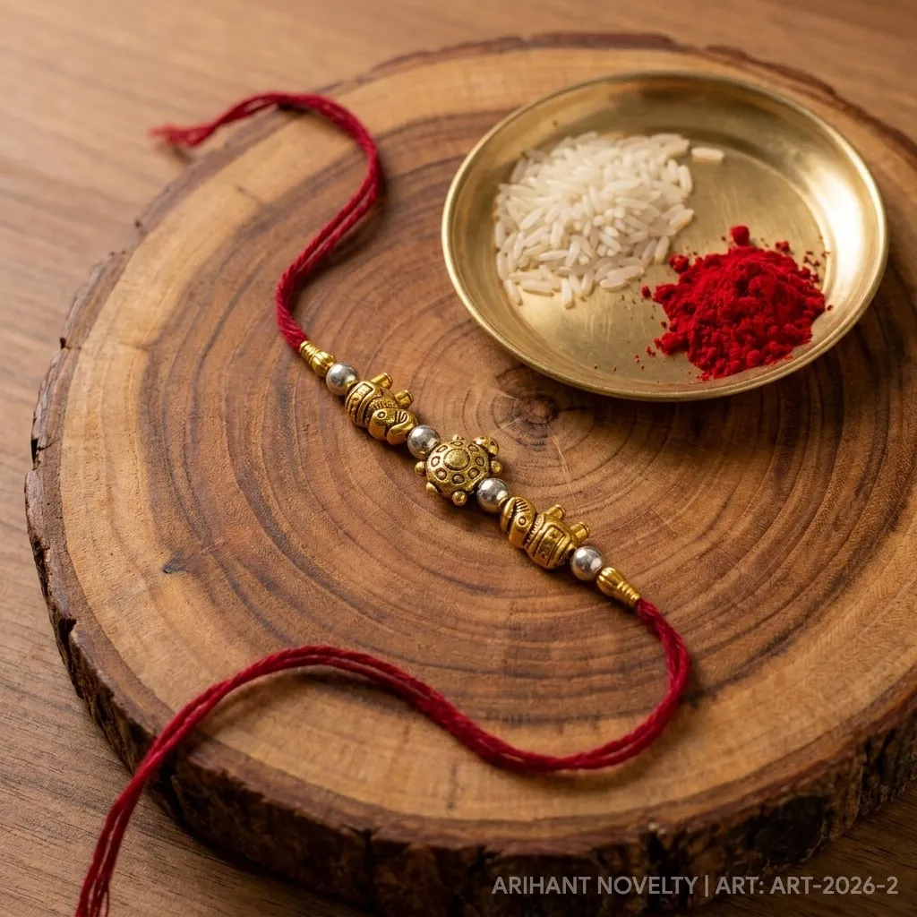 Gold Elephant & Turtle Blessings – handmade Traditional rakhi from Bikaner by Arihant Novelty