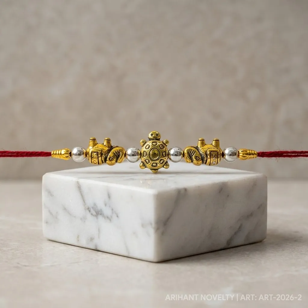 Gold Elephant & Turtle Blessings – handmade Traditional rakhi from Bikaner by Arihant Novelty
