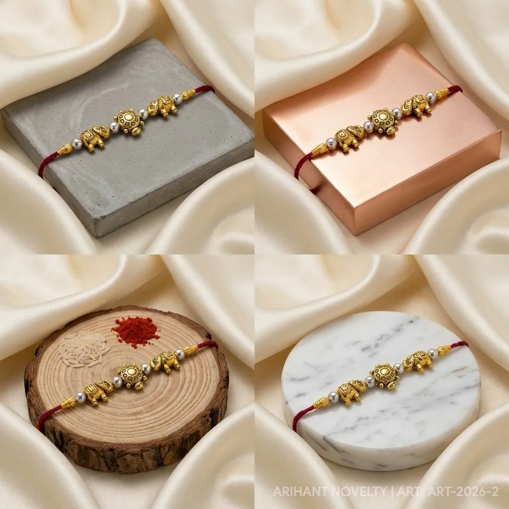 Gold Elephant & Turtle Blessings – handmade Traditional rakhi from Bikaner by Arihant Novelty