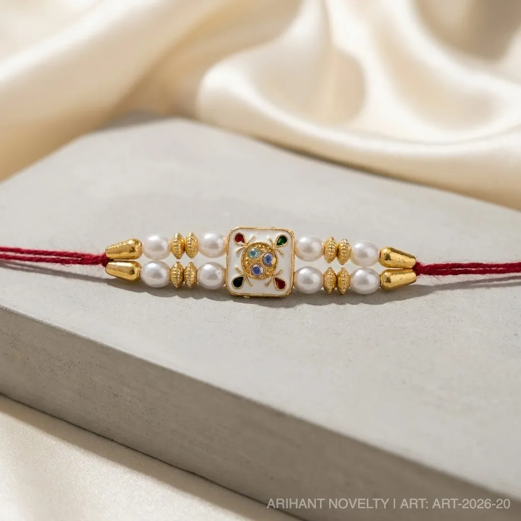 Blue-Tip Meenakari Bloom Pearl – handmade Meenakari rakhi from Bikaner by Arihant Novelty