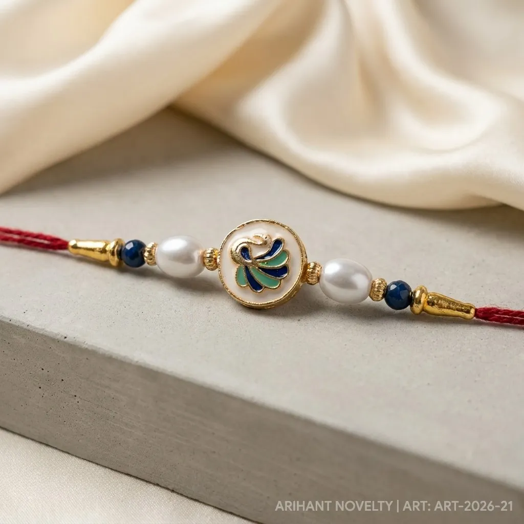 Blue Peacock Meenakari Circle – handmade Meenakari rakhi from Bikaner by Arihant Novelty