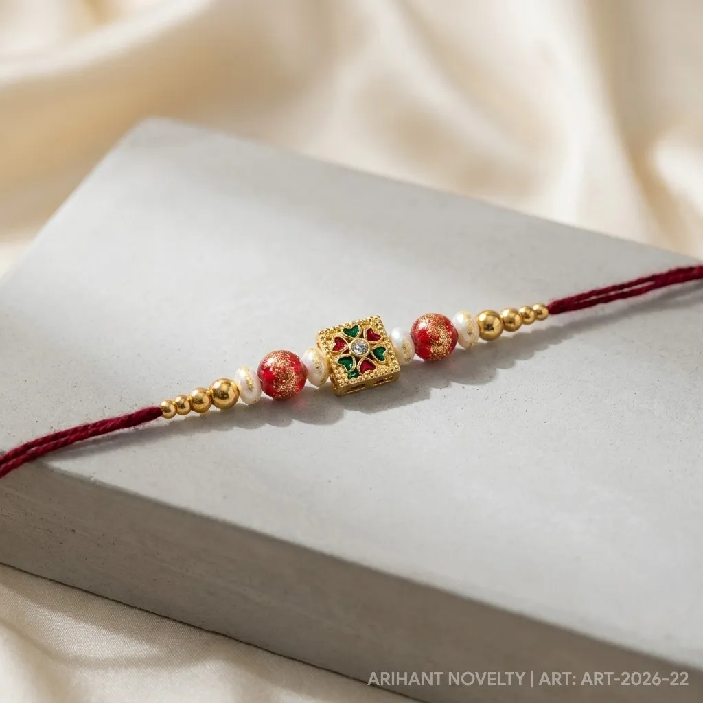 Ivory Tile Meenakari Pearl – handmade Meenakari rakhi from Bikaner by Arihant Novelty