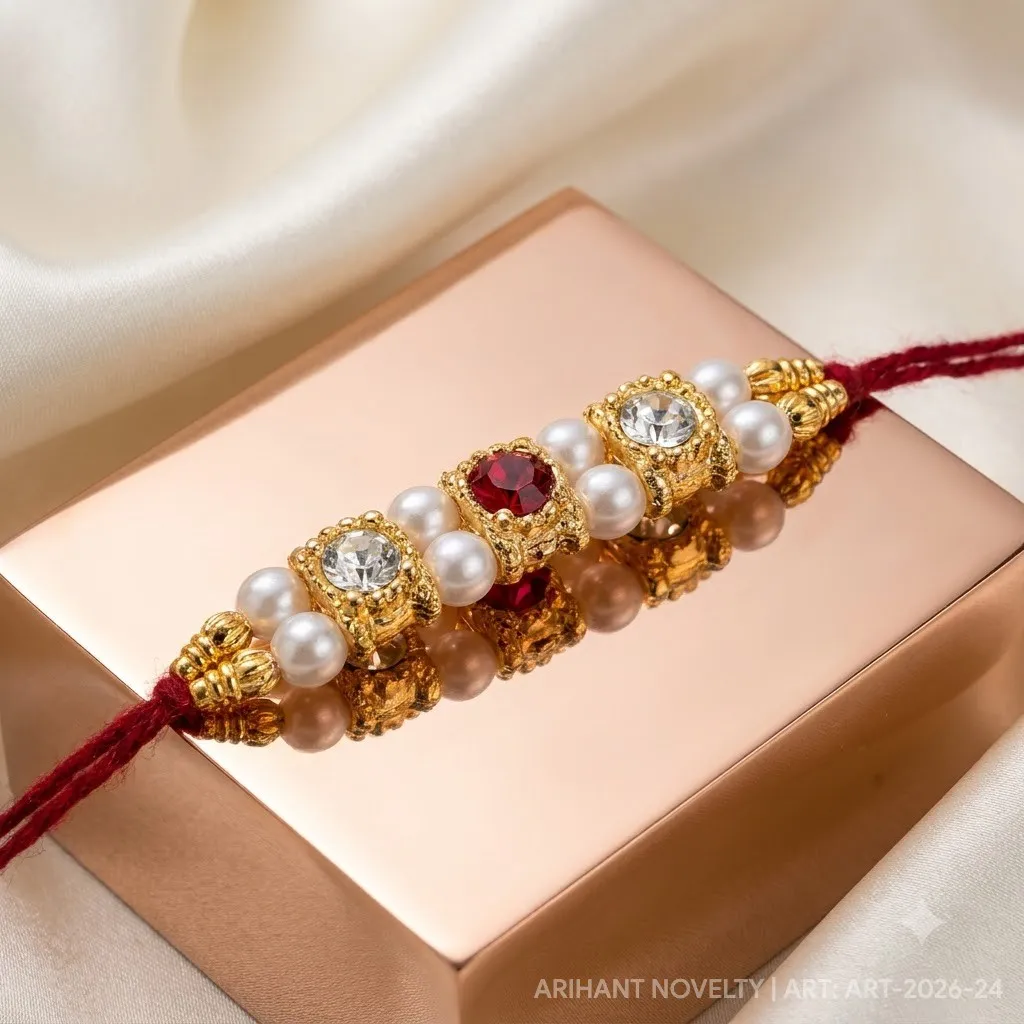 White-Red CZ Pearl Rakhi