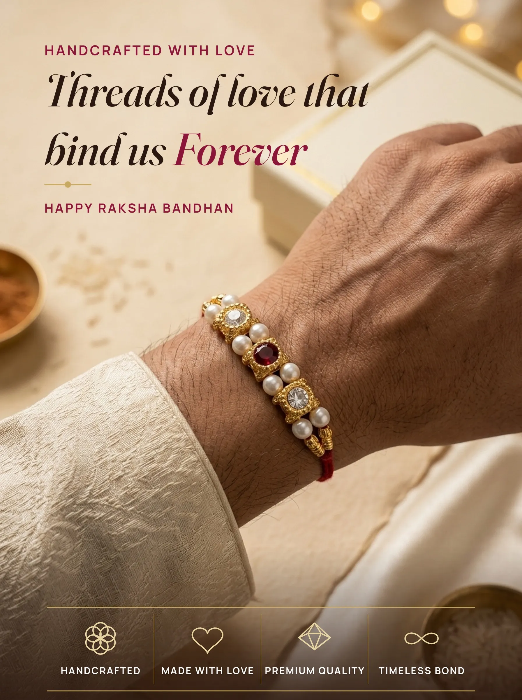 White-Red CZ Pearl Rakhi