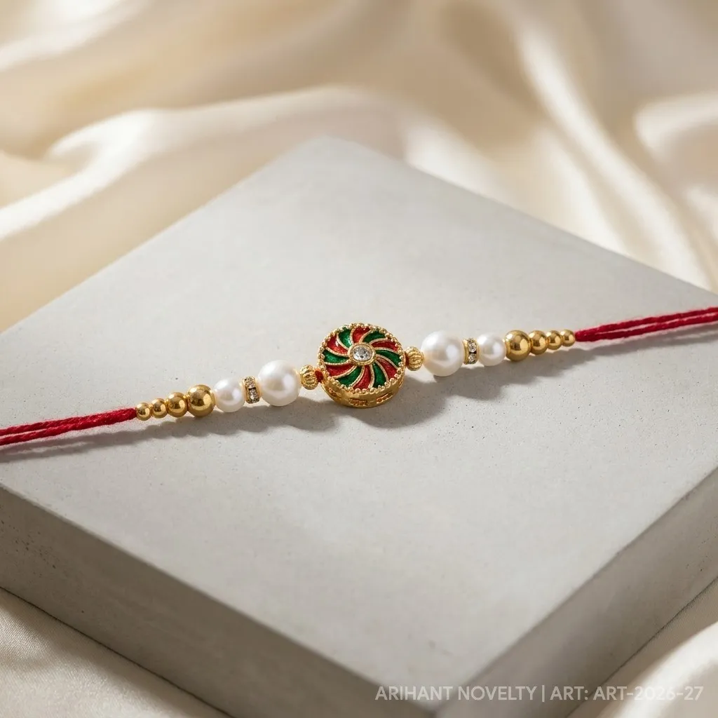 Petal Circle & Pearl Trio – handmade Meenakari rakhi from Bikaner by Arihant Novelty