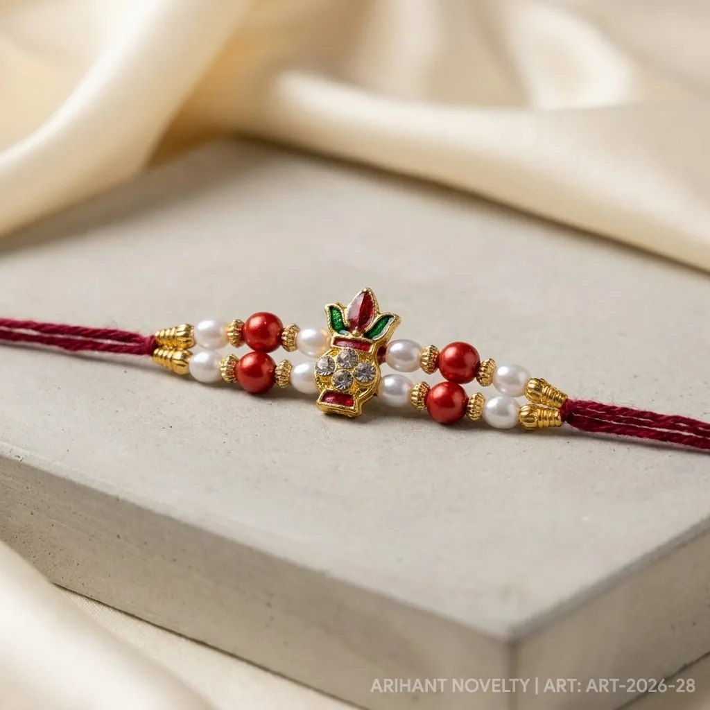 Gold CZ Grid Pearl Rakhi – handmade Kundan rakhi from Bikaner by Arihant Novelty