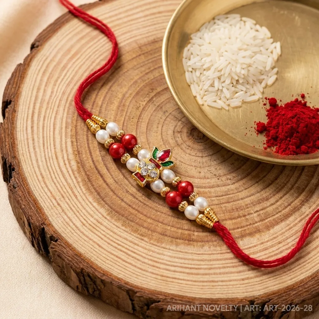 Gold CZ Grid Pearl Rakhi view 3
