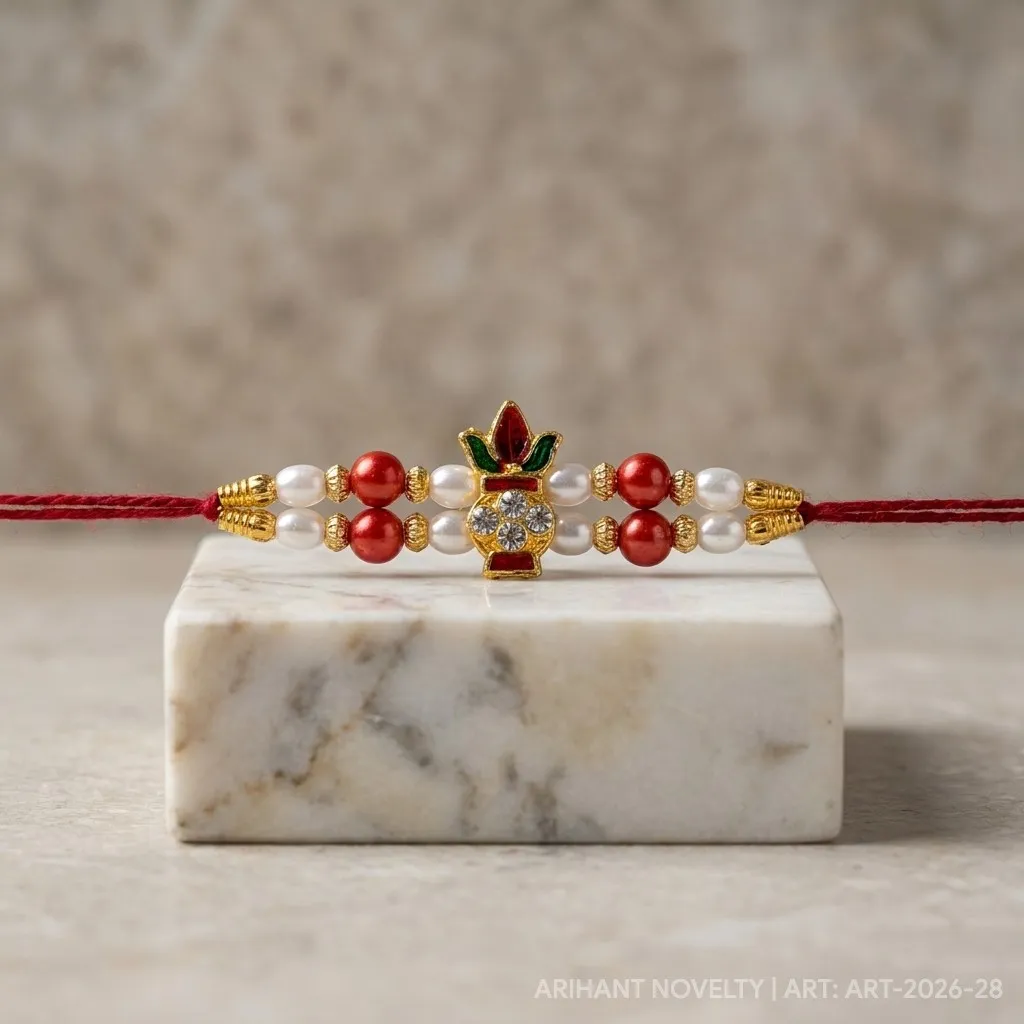 Gold CZ Grid Pearl Rakhi view 4