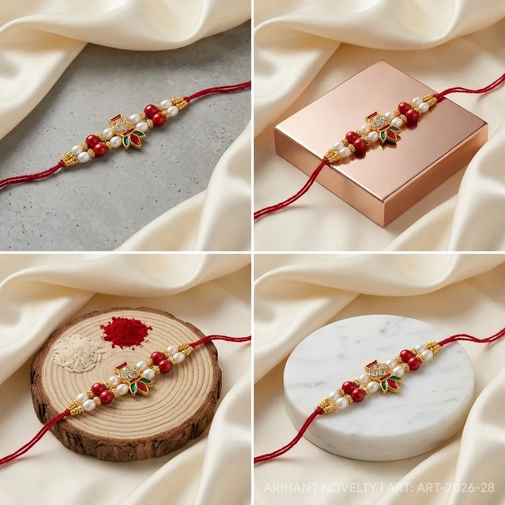 Gold CZ Grid Pearl Rakhi view 5