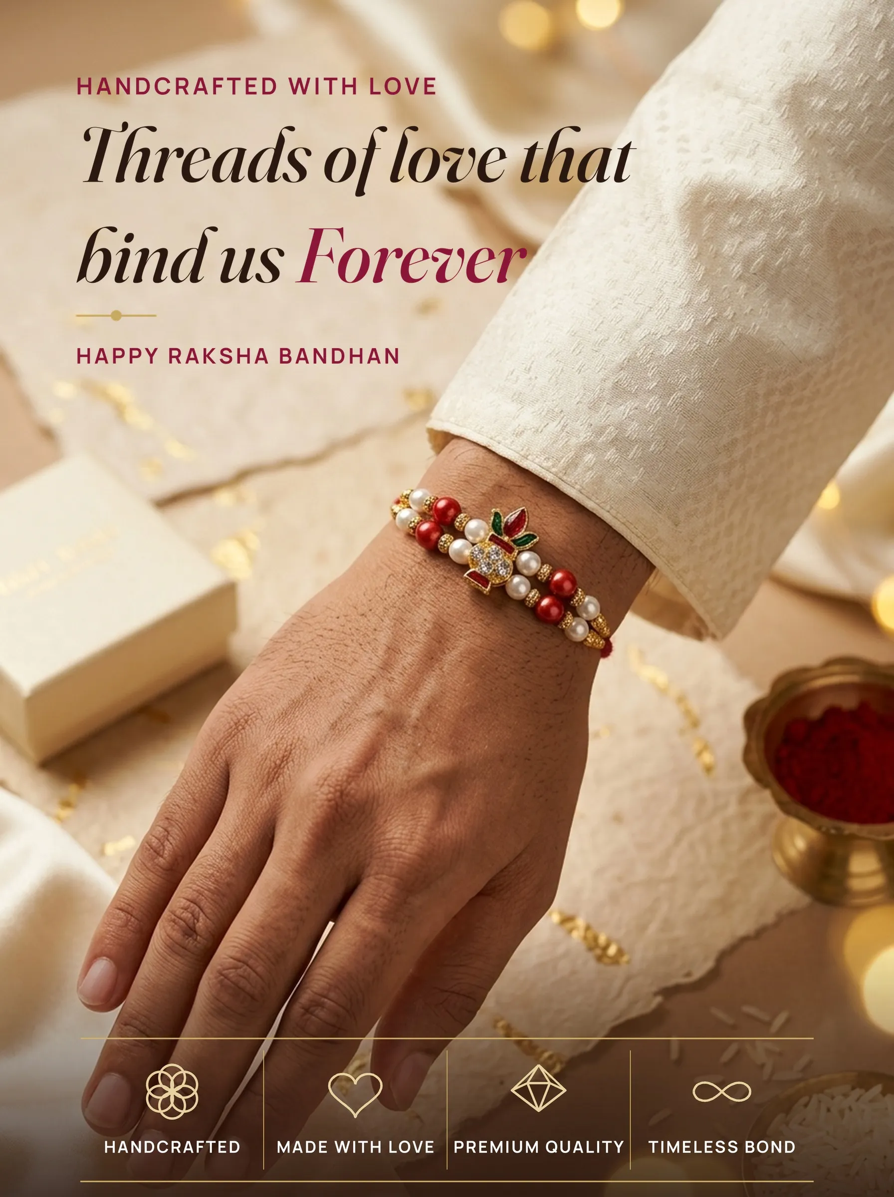 Gold CZ Grid Pearl Rakhi – handmade Kundan rakhi from Bikaner by Arihant Novelty
