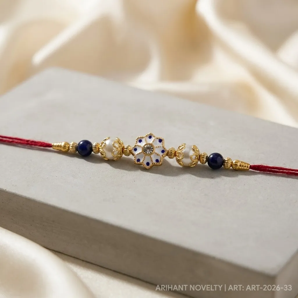 White Enamel Flower Kundan – handmade Kundan rakhi from Bikaner by Arihant Novelty