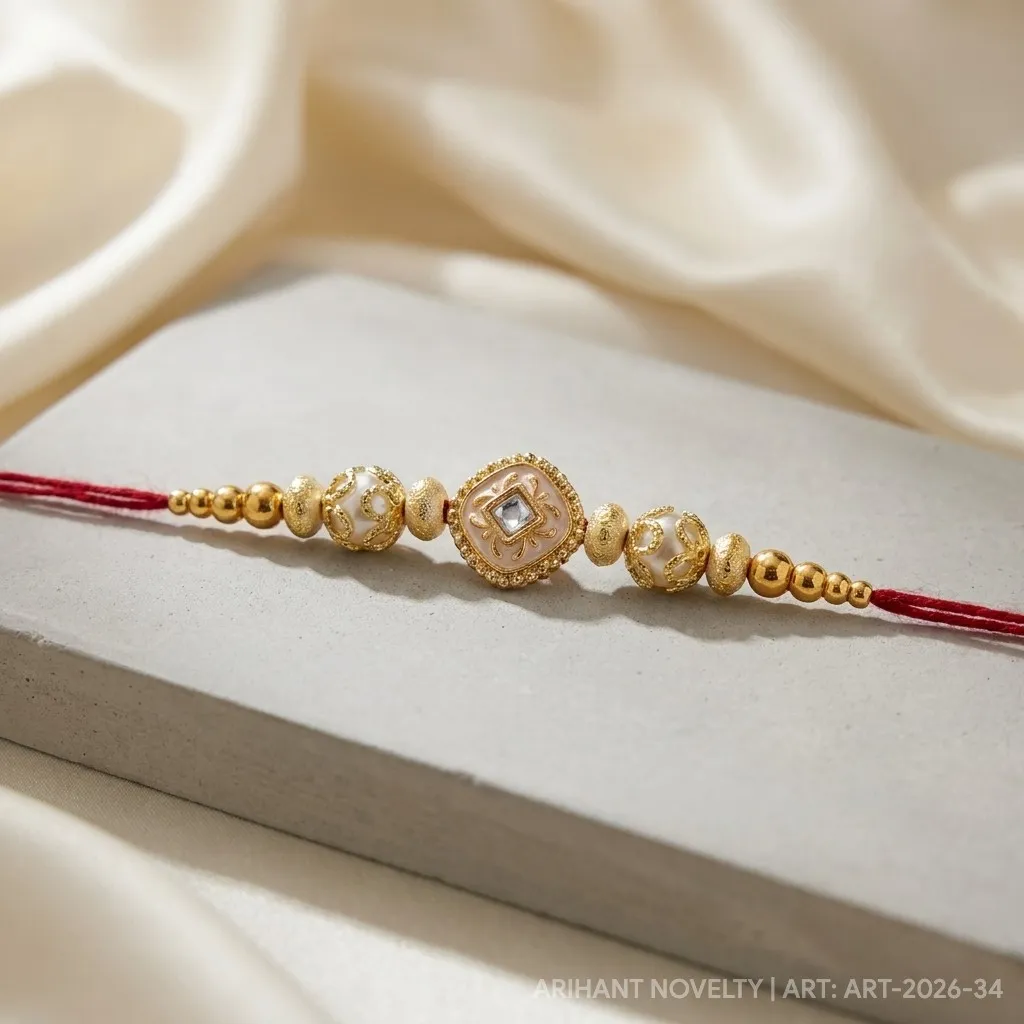 Gold Lotus CZ Pearl Rakhi – handmade Kundan rakhi from Bikaner by Arihant Novelty