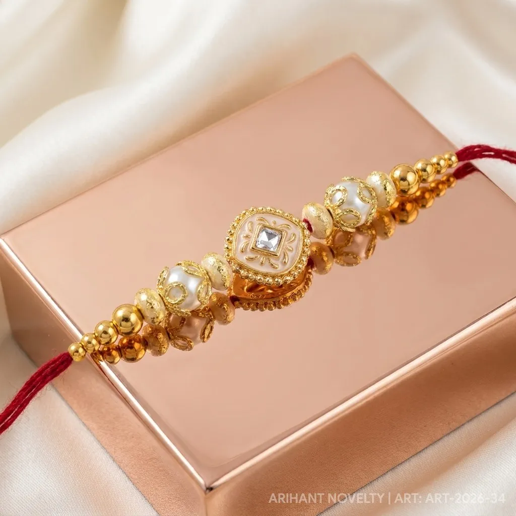 Gold Lotus CZ Pearl Rakhi view 2