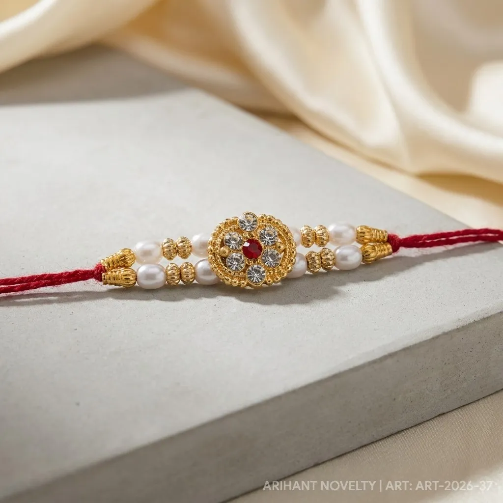 Ruby Flower CZ Pearl Rakhi – handmade Kundan rakhi from Bikaner by Arihant Novelty