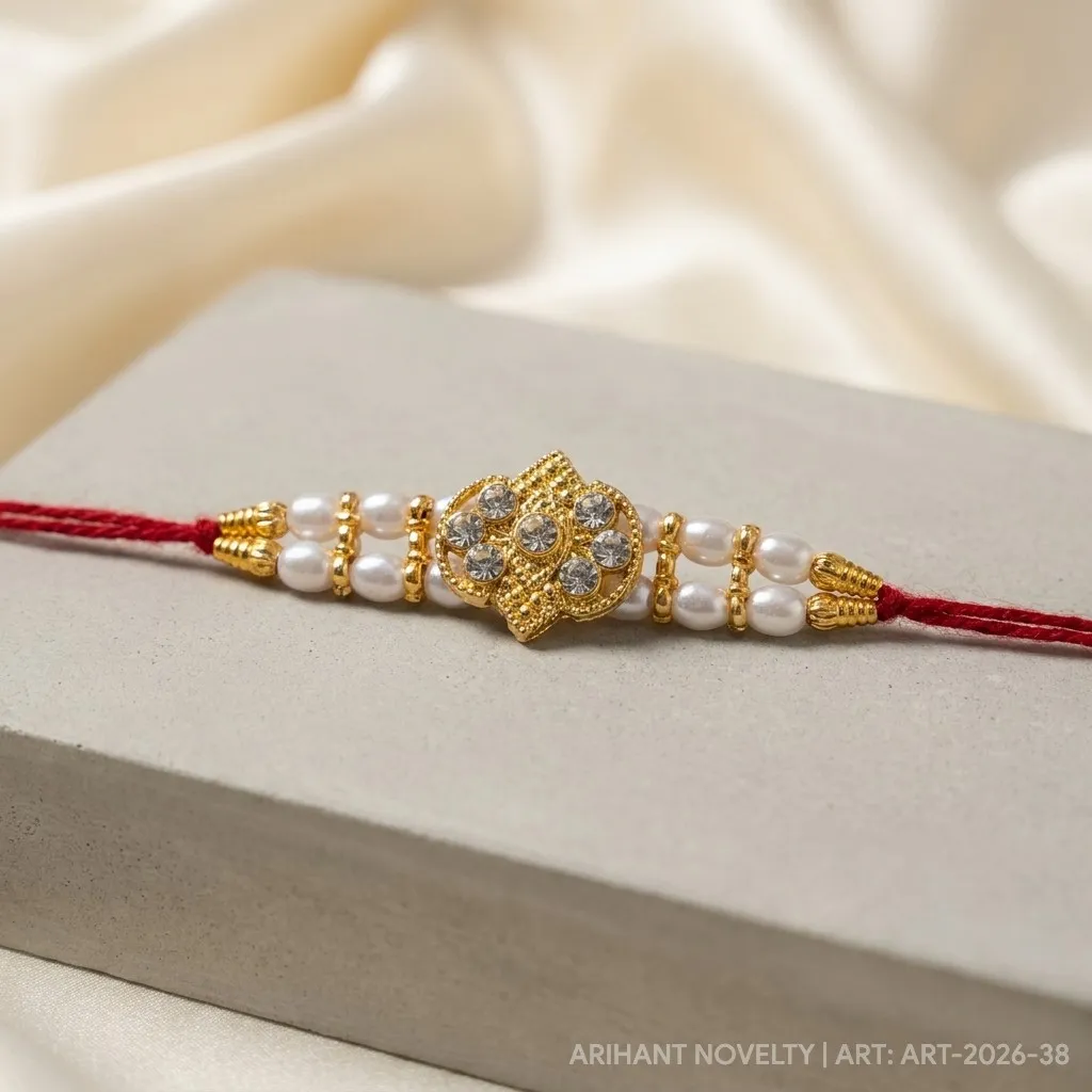 Full CZ Lotus Pearl Rakhi – handmade Kundan rakhi from Bikaner by Arihant Novelty