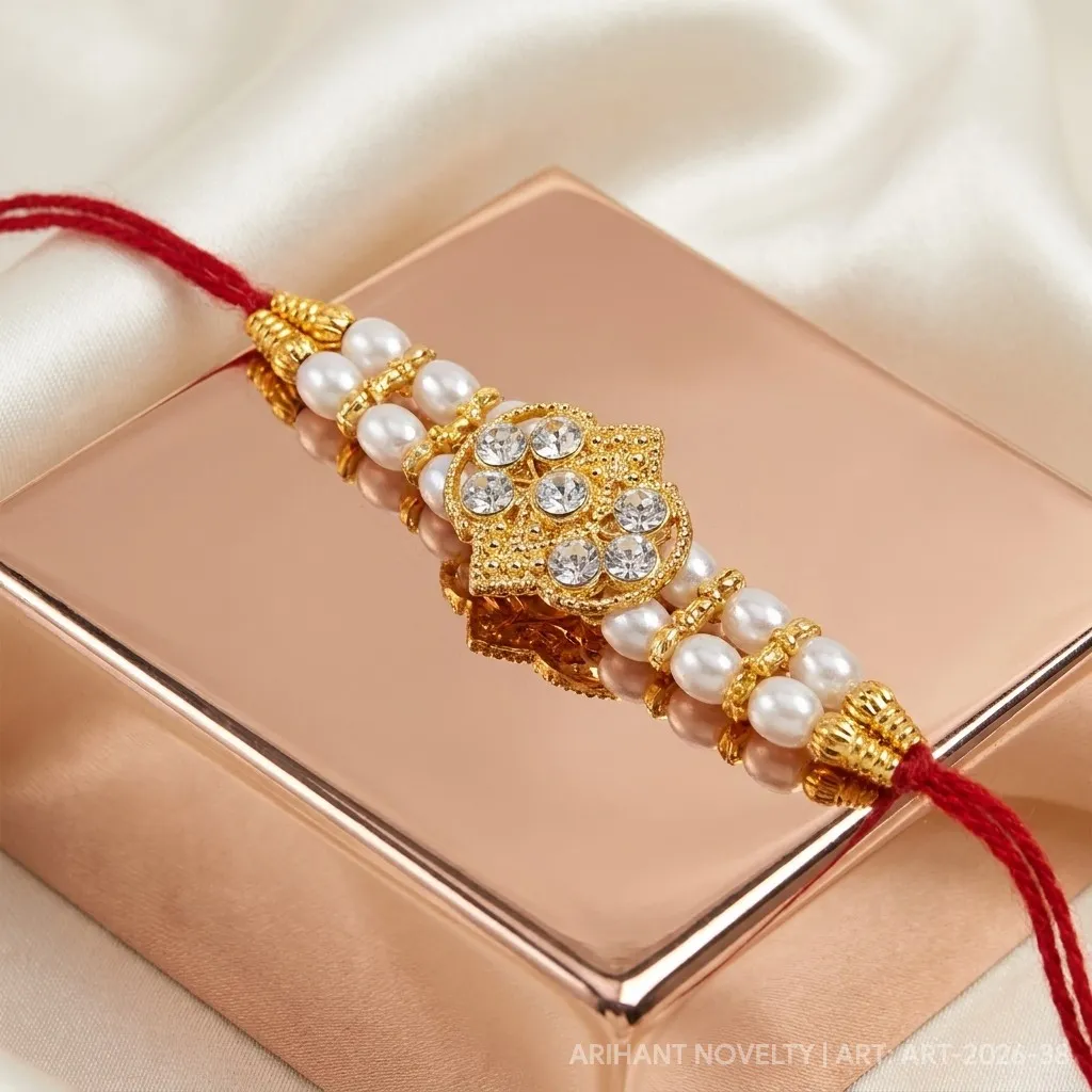 Full CZ Lotus Pearl Rakhi view 2