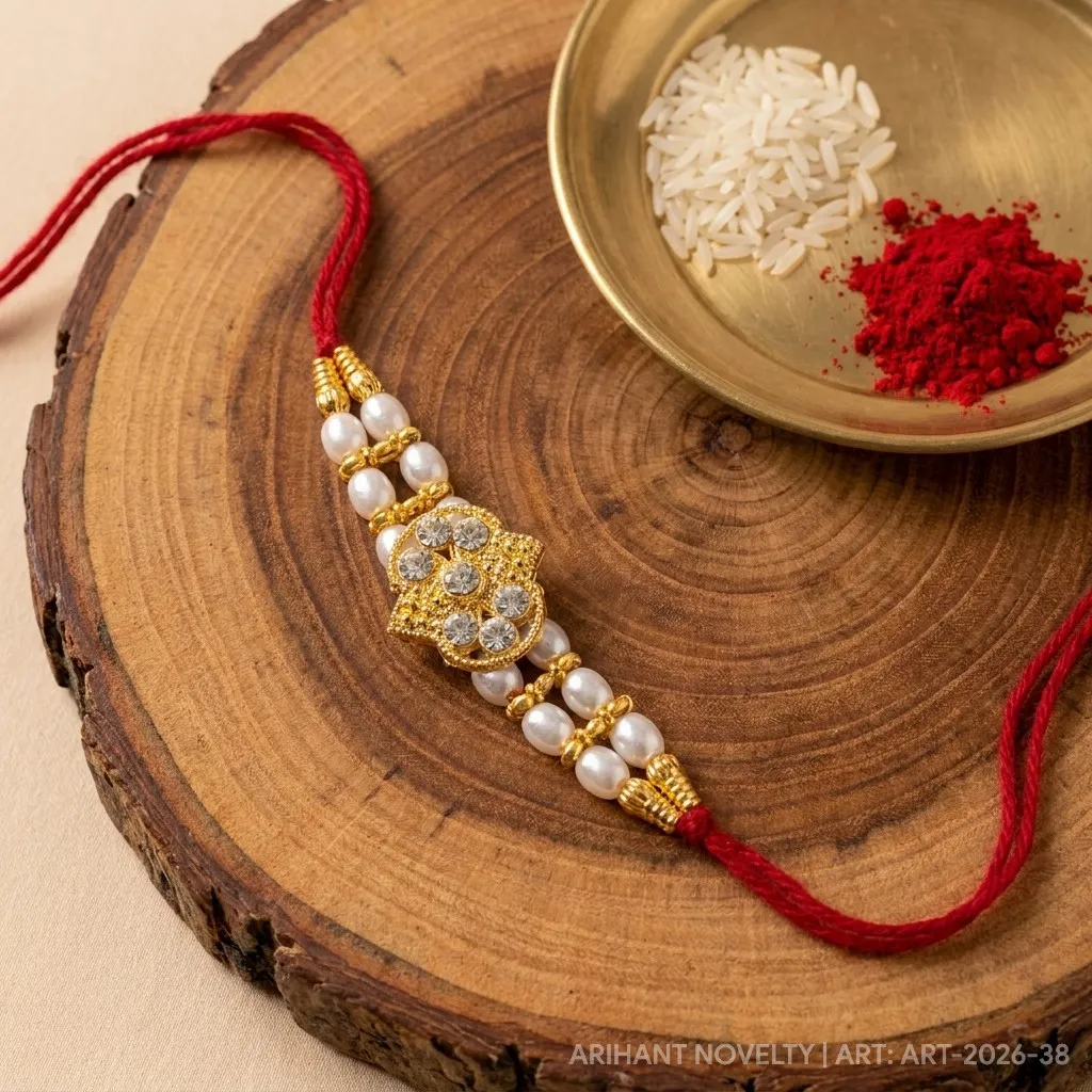 Full CZ Lotus Pearl Rakhi view 3