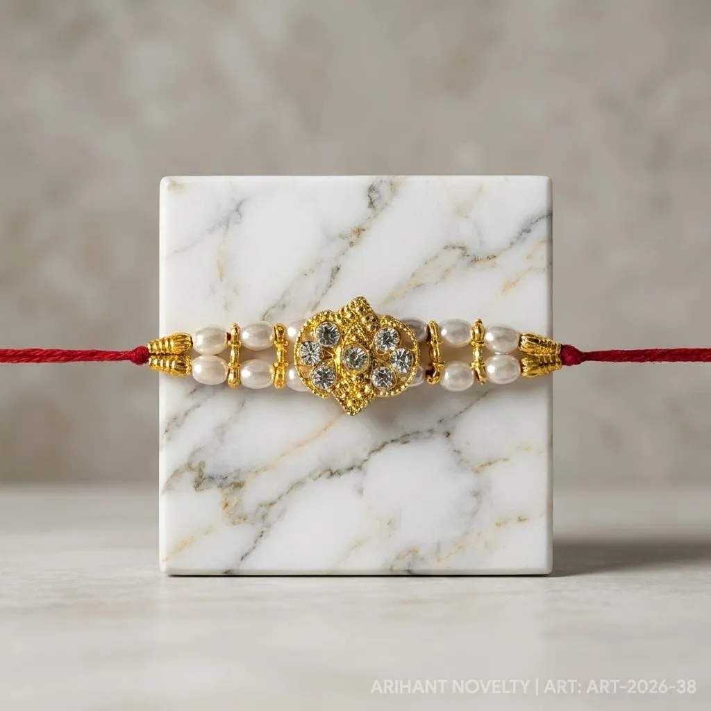 Full CZ Lotus Pearl Rakhi view 4