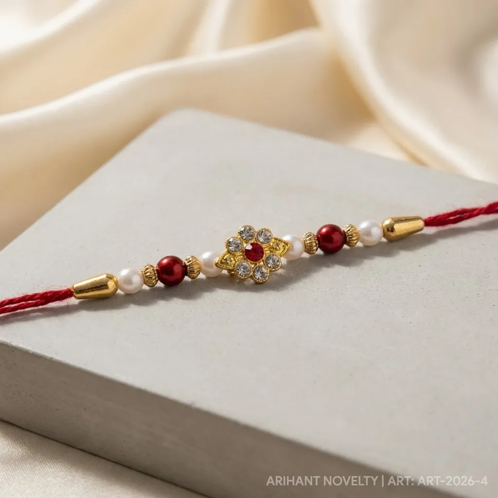 Crystal Petal Flower with Ruby Heart – handmade Kundan rakhi from Bikaner by Arihant Novelty