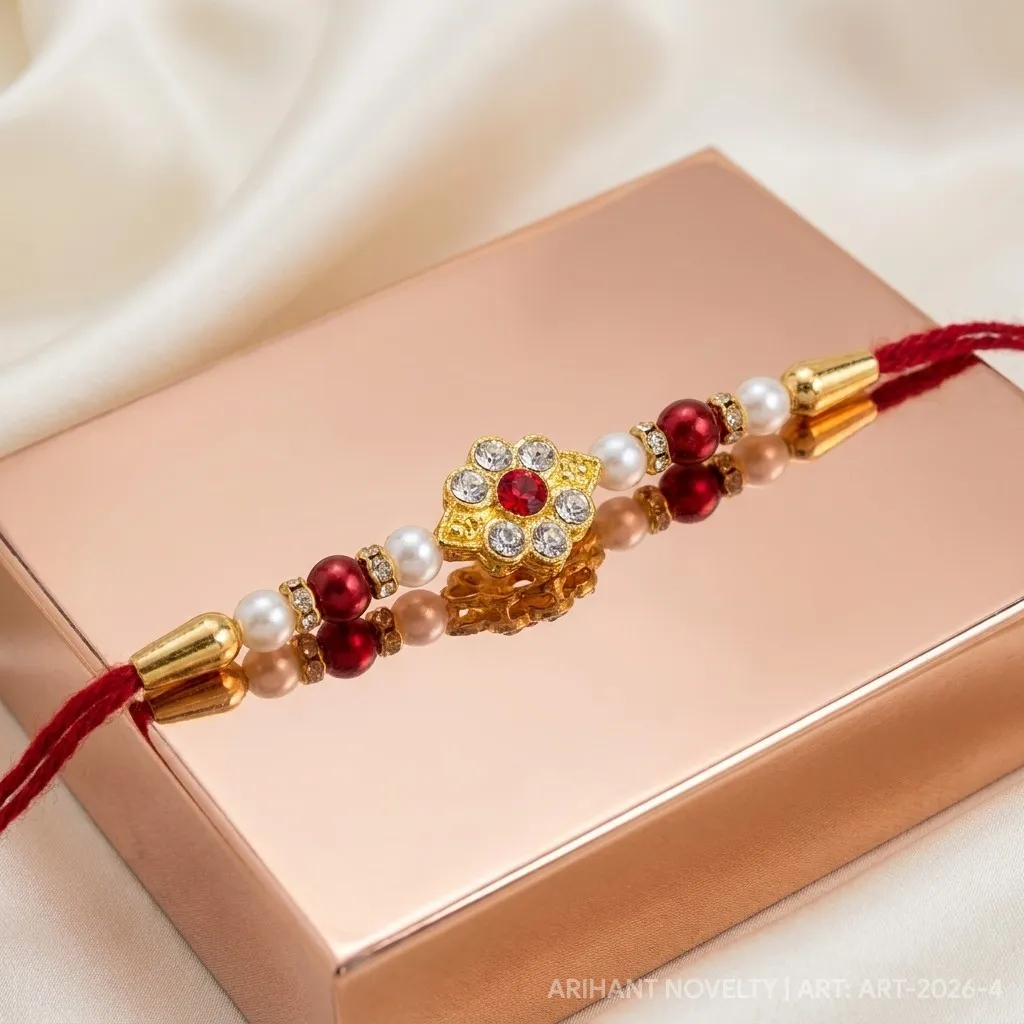 Crystal Petal Flower with Ruby Heart – handmade Kundan rakhi from Bikaner by Arihant Novelty