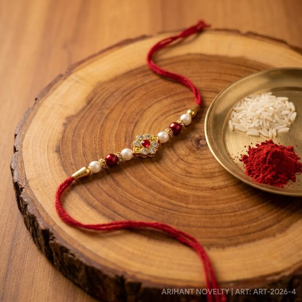 Crystal Petal Flower with Ruby Heart – handmade Kundan rakhi from Bikaner by Arihant Novelty