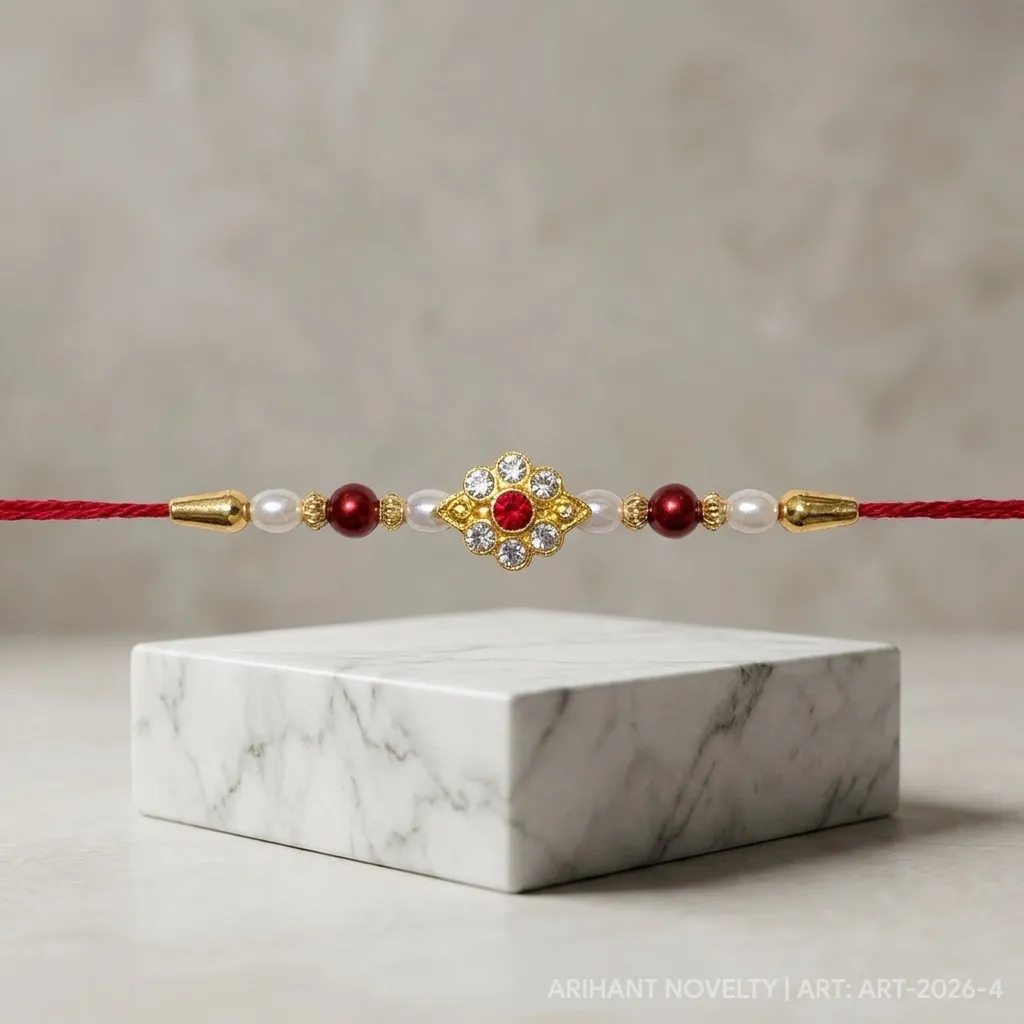 Crystal Petal Flower with Ruby Heart – handmade Kundan rakhi from Bikaner by Arihant Novelty