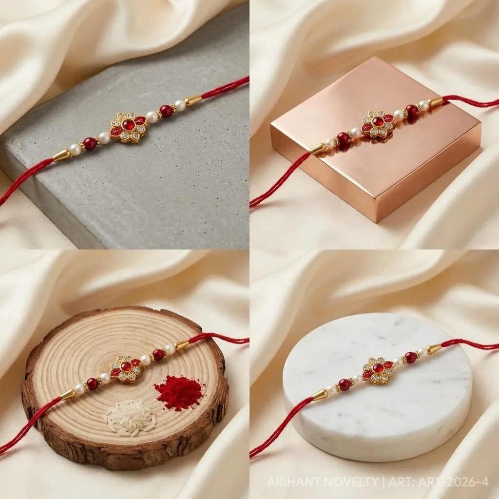 Crystal Petal Flower with Ruby Heart – handmade Kundan rakhi from Bikaner by Arihant Novelty