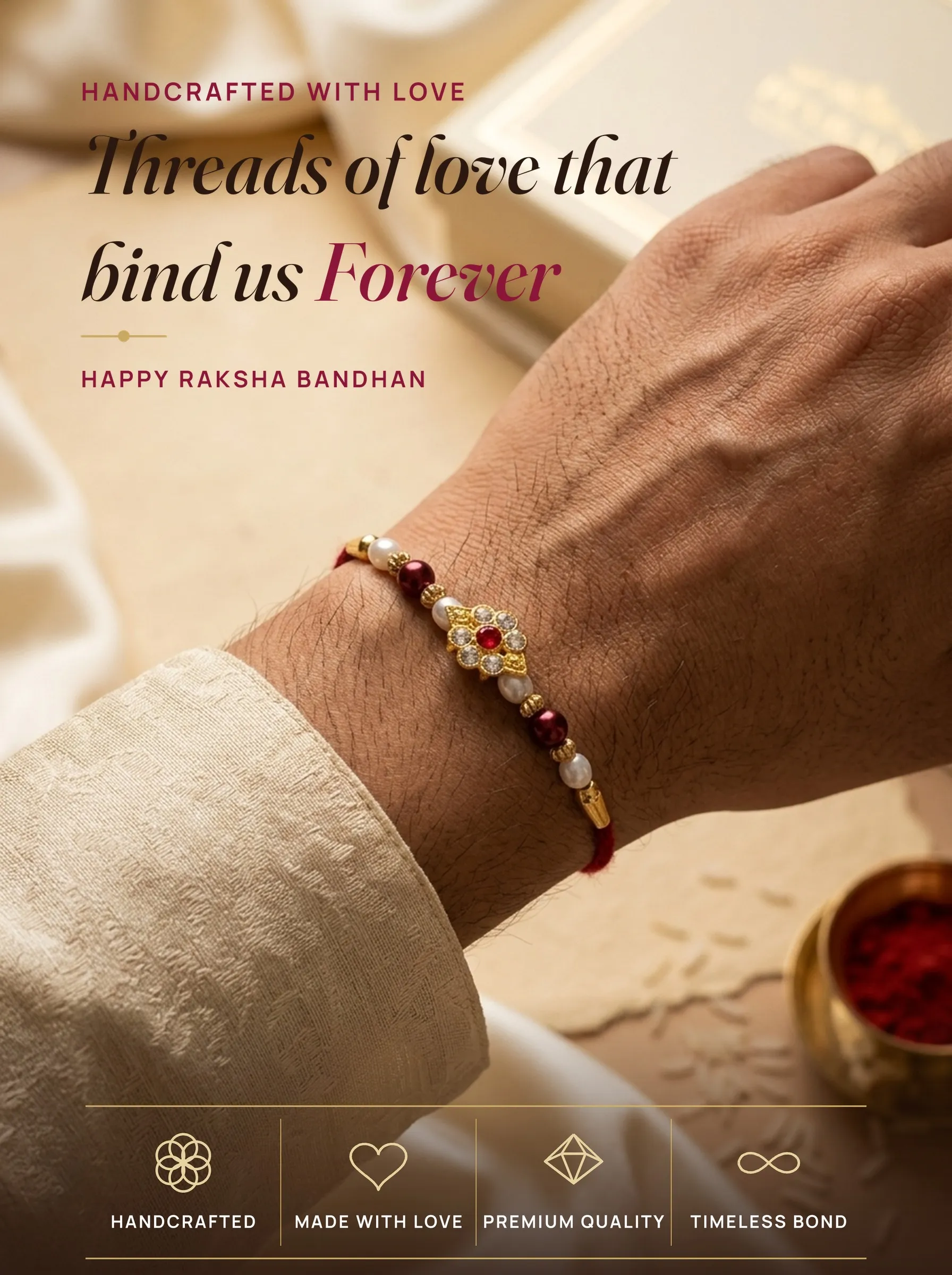 Crystal Petal Flower with Ruby Heart – handmade Kundan rakhi from Bikaner by Arihant Novelty