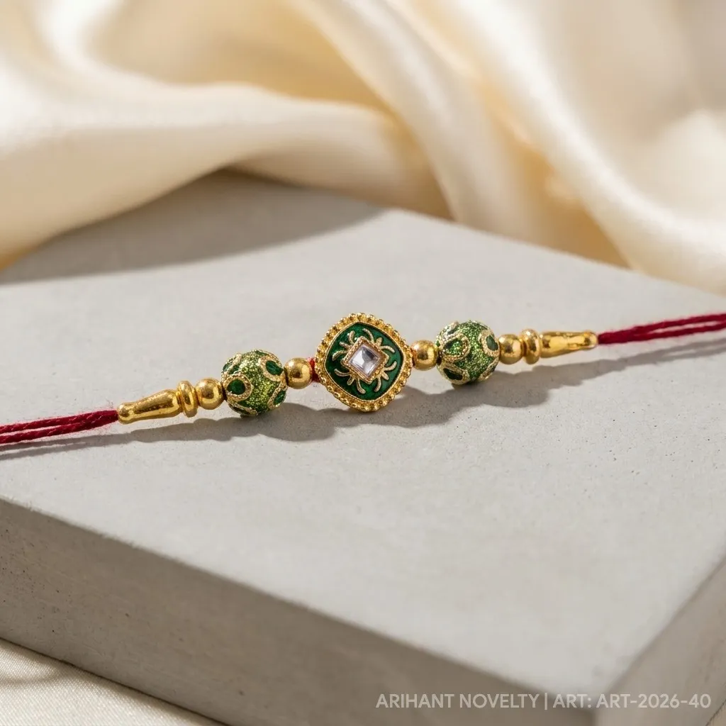 Green Square Meenakari Bead – handmade Meenakari rakhi from Bikaner by Arihant Novelty