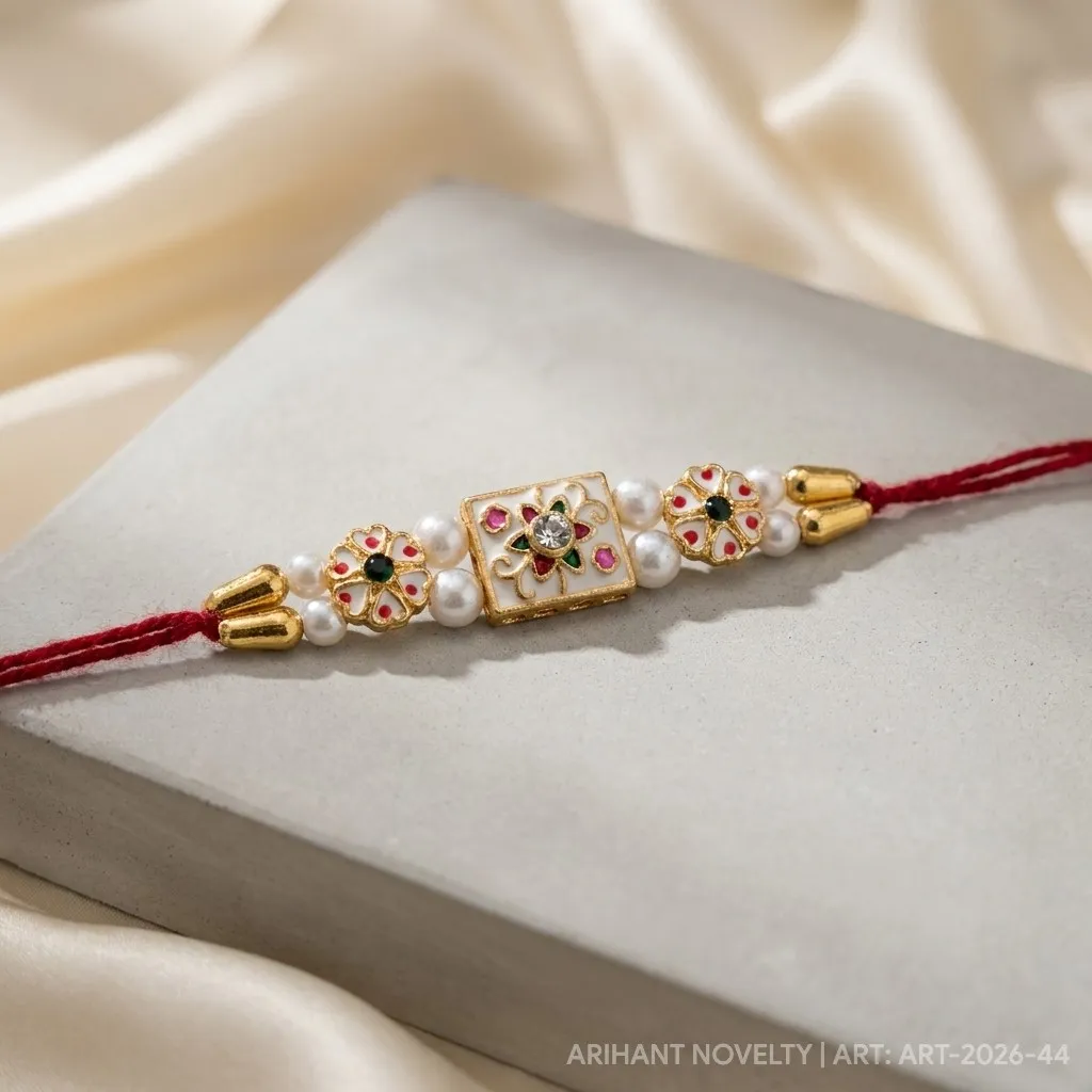 Triple Meenakari Pearl Rakhi – handmade Meenakari rakhi from Bikaner by Arihant Novelty
