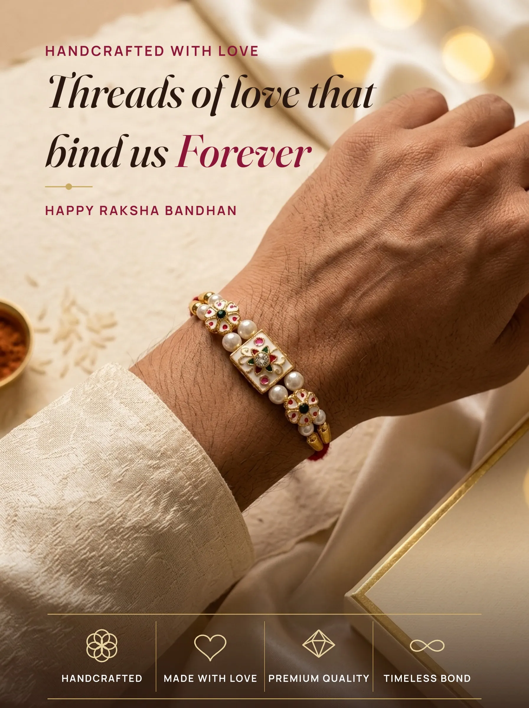Triple Meenakari Pearl Rakhi – handmade Meenakari rakhi from Bikaner by Arihant Novelty