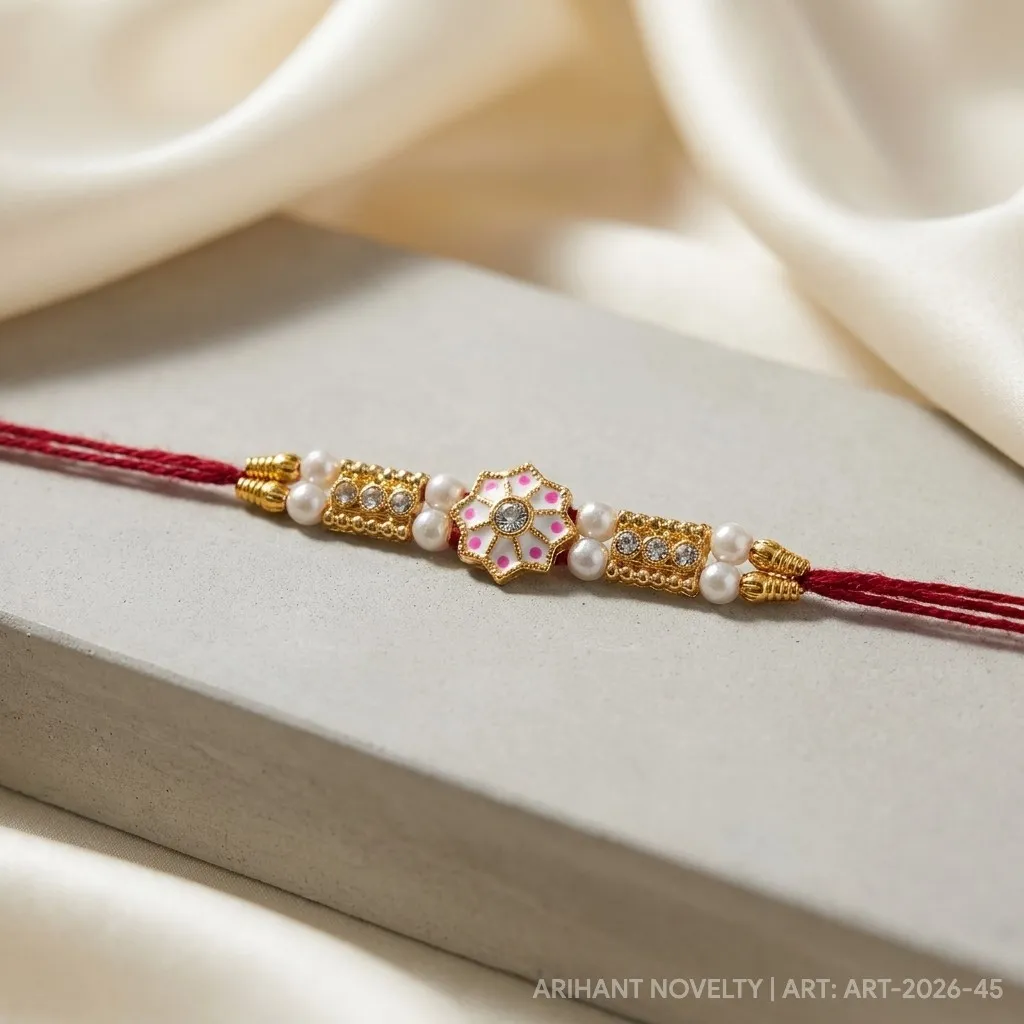 Pink Star & CZ Bar Pearl – handmade Meenakari rakhi from Bikaner by Arihant Novelty