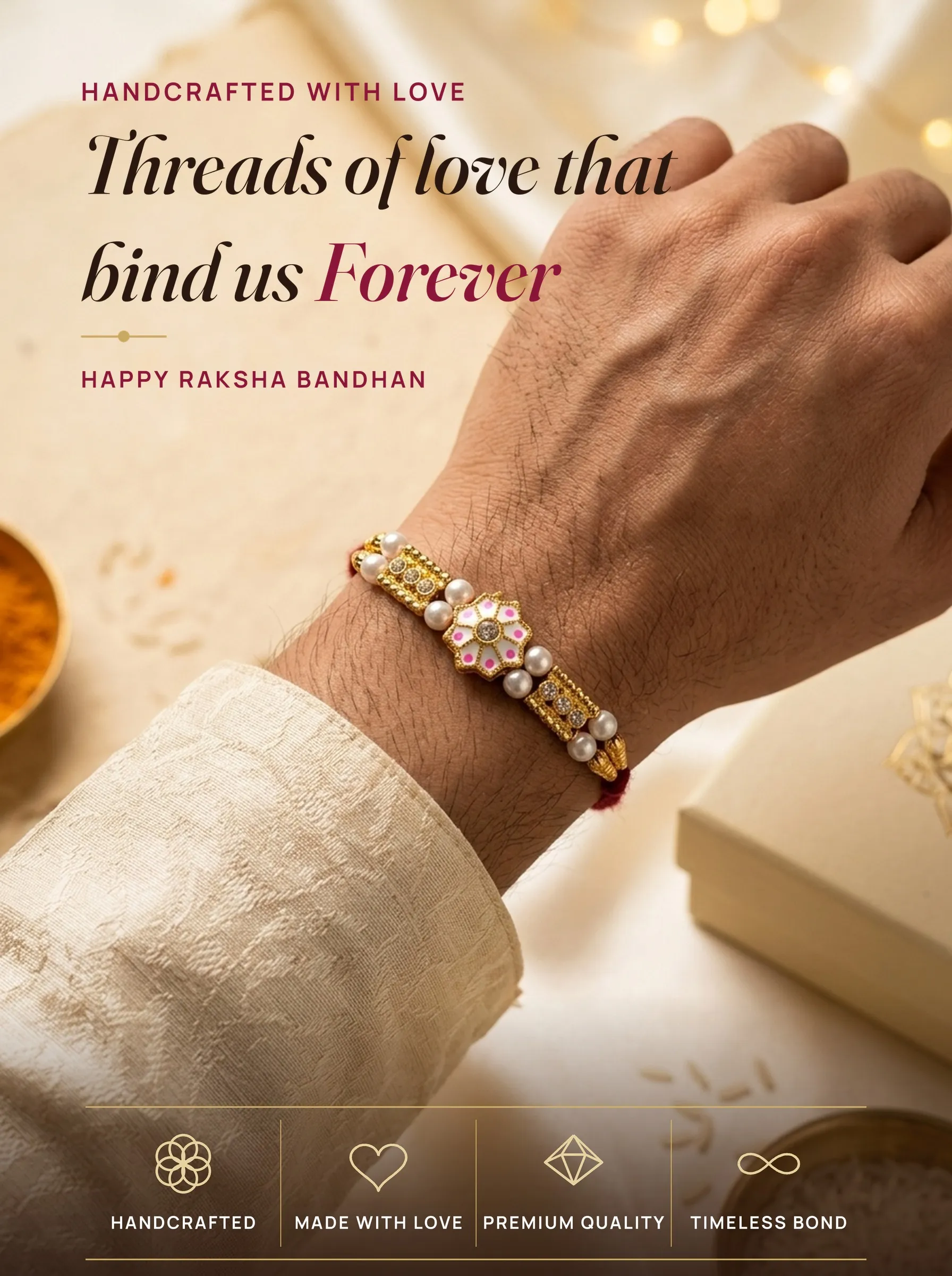 Pink Star & CZ Bar Pearl – handmade Meenakari rakhi from Bikaner by Arihant Novelty