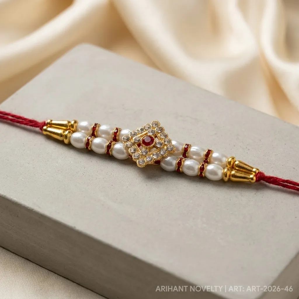 Diamond CZ Pearl & Red Ring – handmade Kundan rakhi from Bikaner by Arihant Novelty