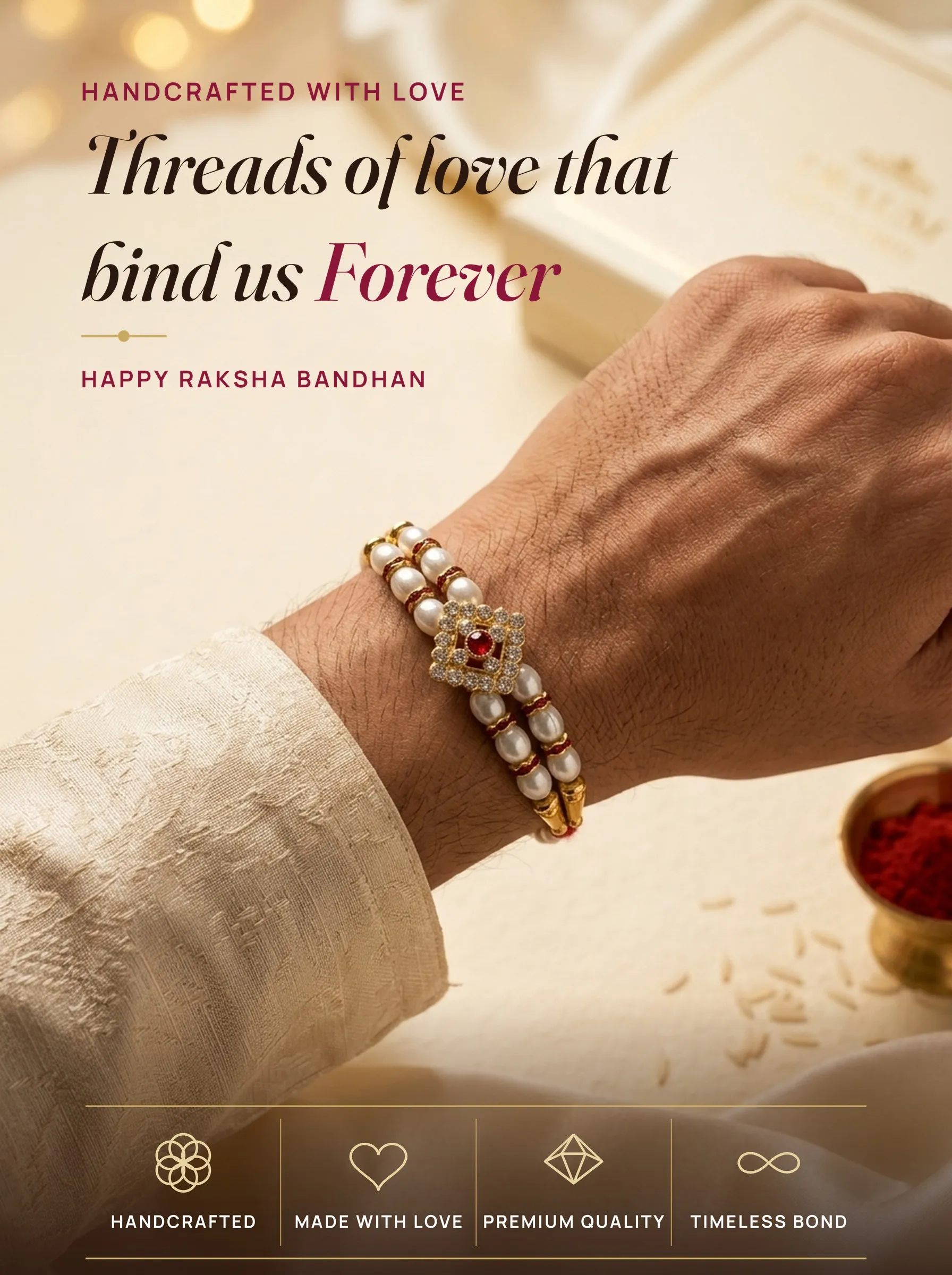 Diamond CZ Pearl & Red Ring – handmade Kundan rakhi from Bikaner by Arihant Novelty