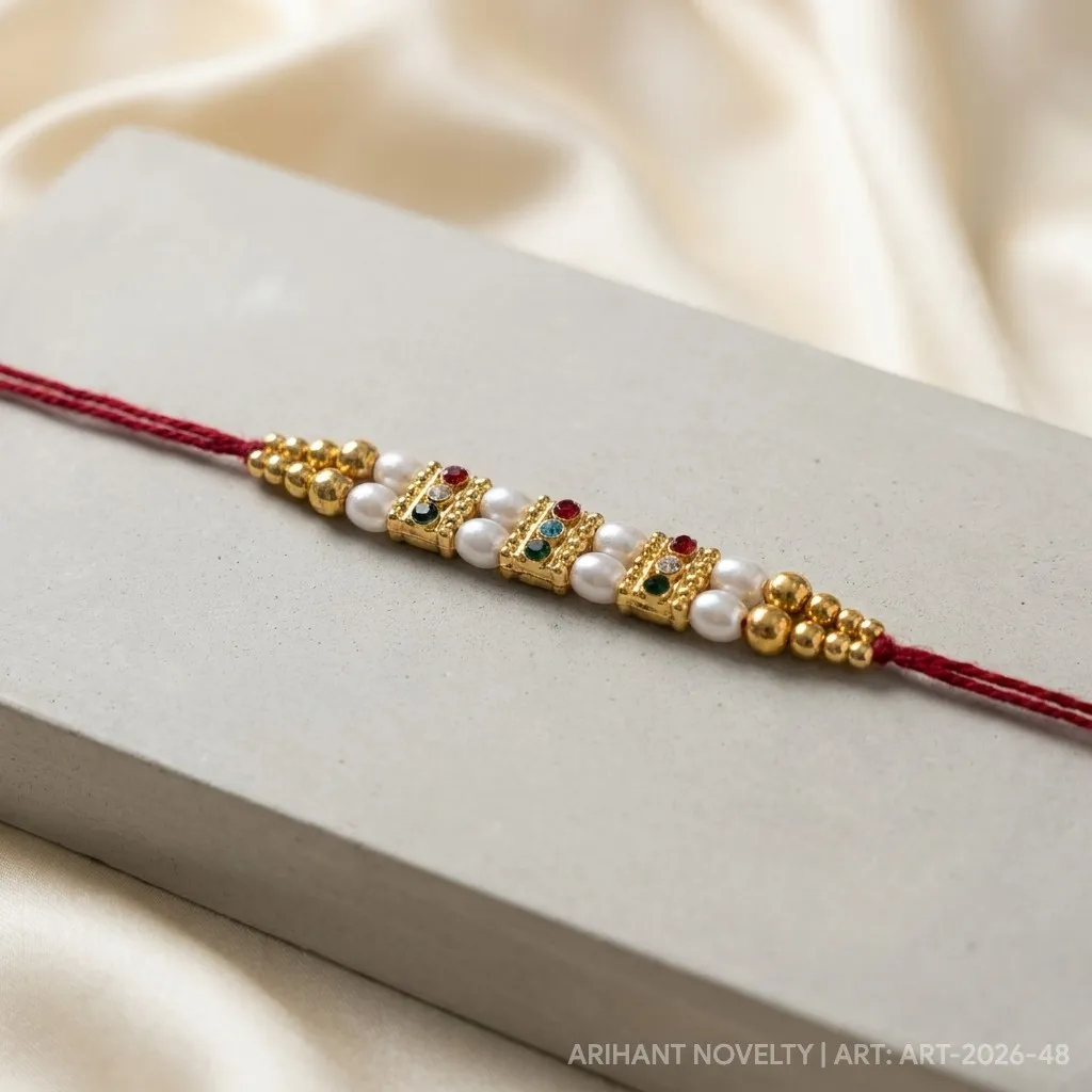 Multi-Gem Pearl Strand Rakhi – handmade Traditional rakhi from Bikaner by Arihant Novelty