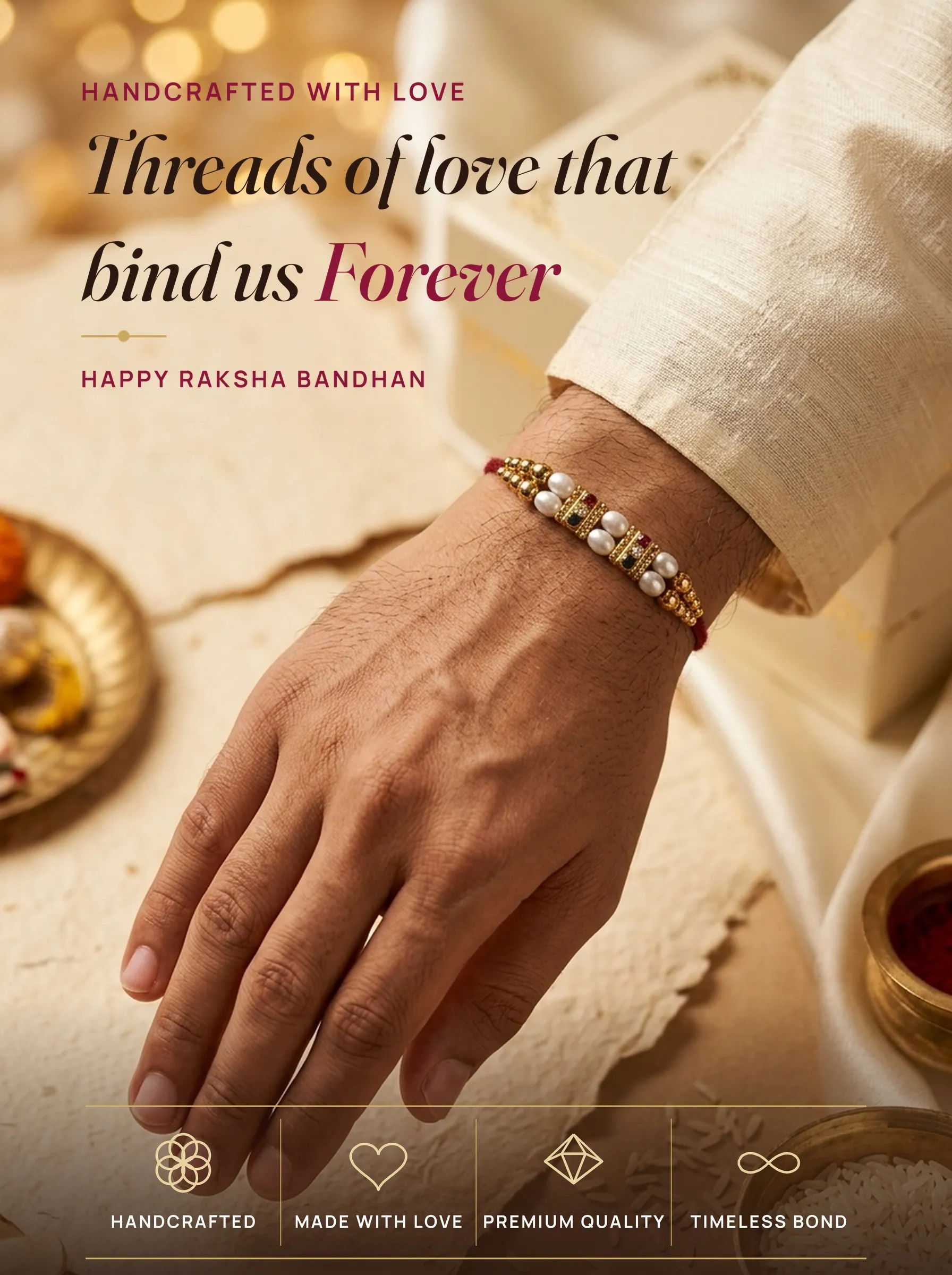 Multi-Gem Pearl Strand Rakhi – handmade Traditional rakhi from Bikaner by Arihant Novelty