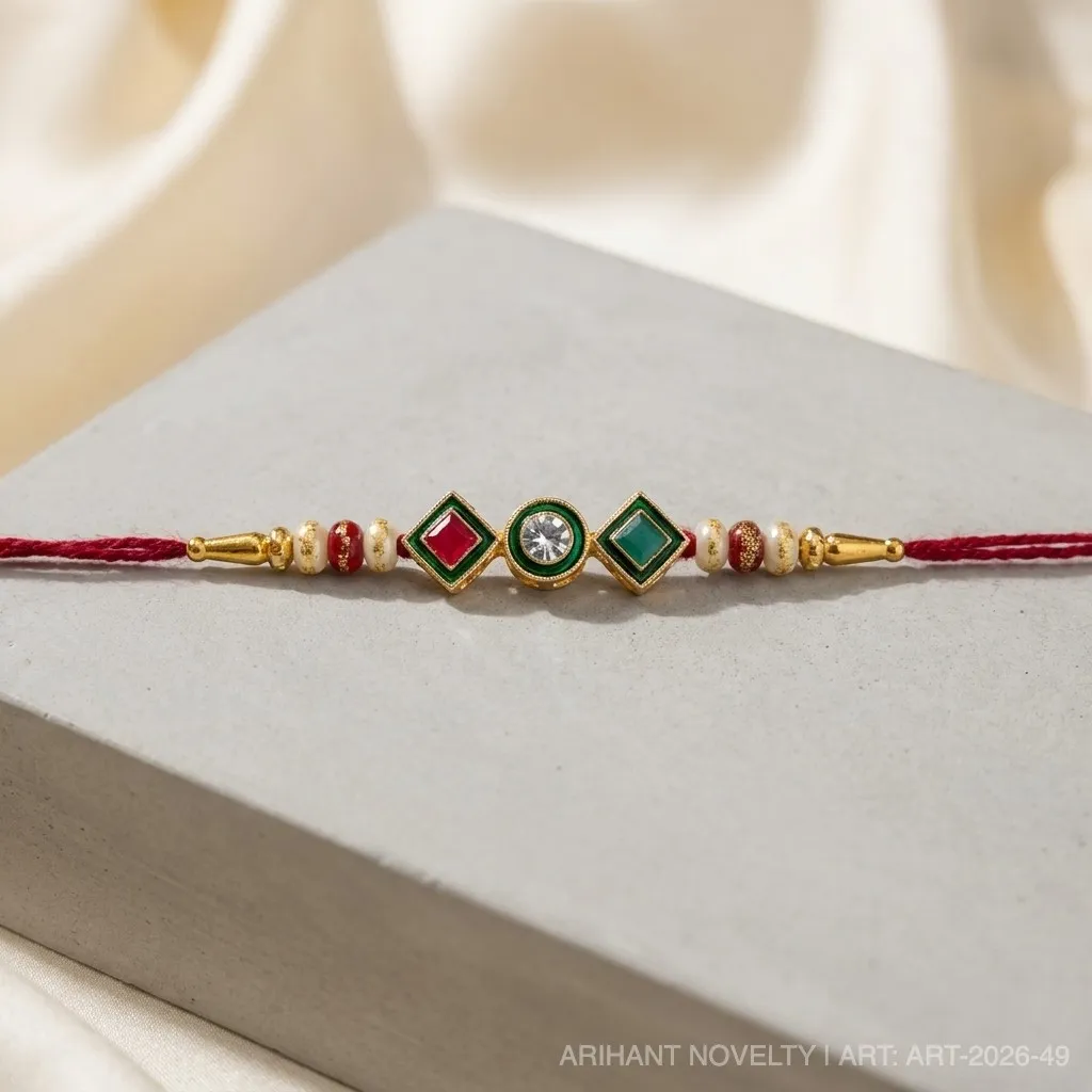 Three Gem Geometric Pearl – handmade Kundan rakhi from Bikaner by Arihant Novelty