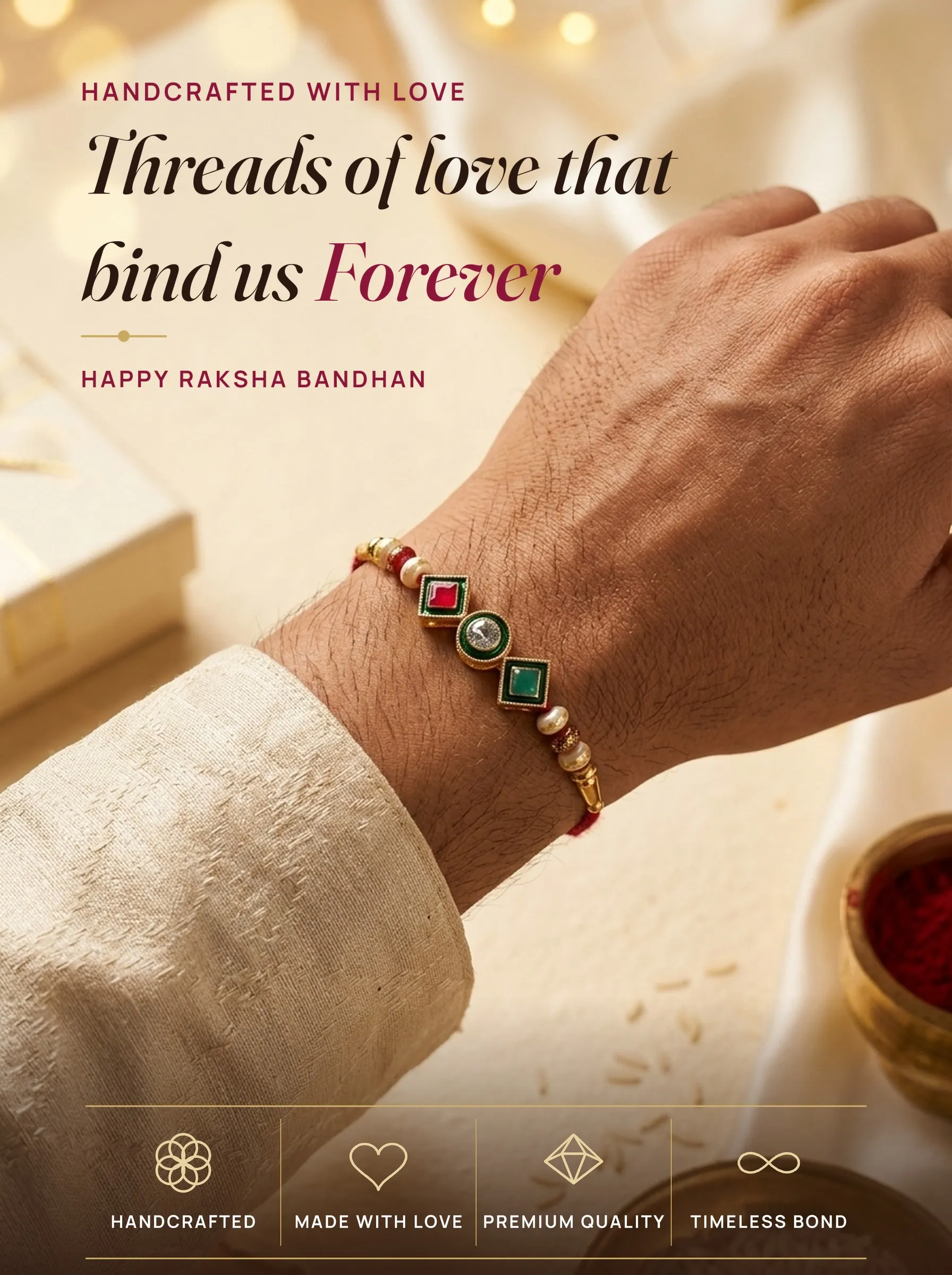 Three Gem Geometric Pearl – handmade Kundan rakhi from Bikaner by Arihant Novelty