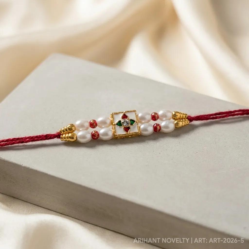 Pearl & Kundan Square Rakhi – handmade Kundan rakhi from Bikaner by Arihant Novelty