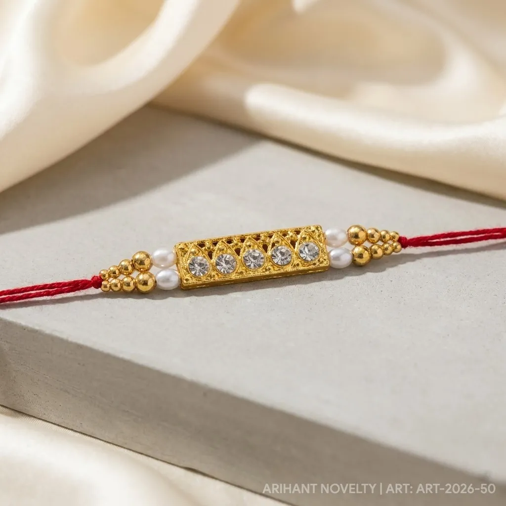 CZ Bar Filigree Pearl Rakhi – handmade Kundan rakhi from Bikaner by Arihant Novelty