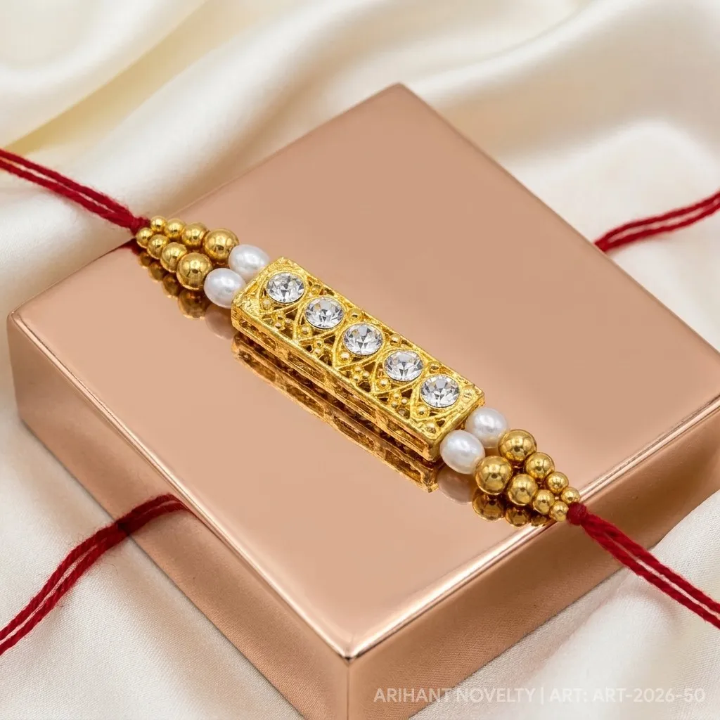 CZ Bar Filigree Pearl Rakhi view 2