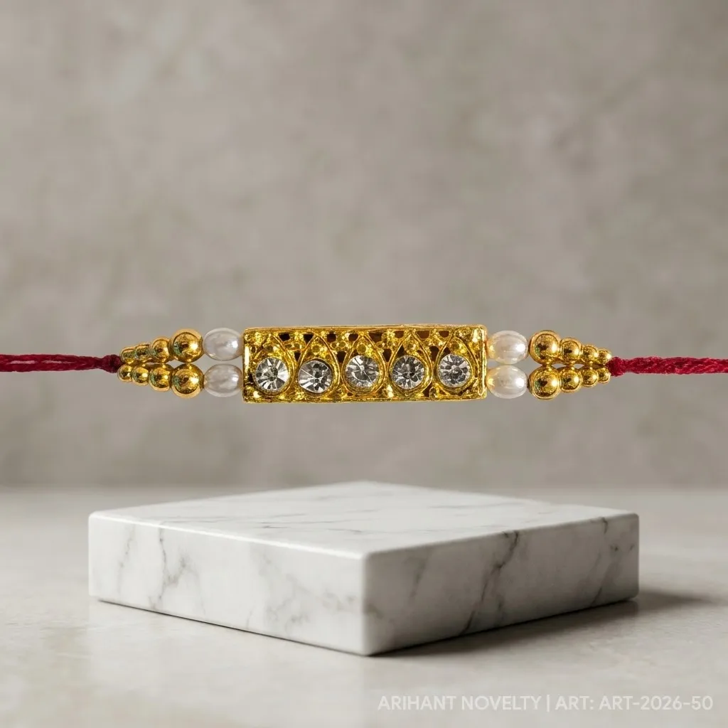 CZ Bar Filigree Pearl Rakhi view 4