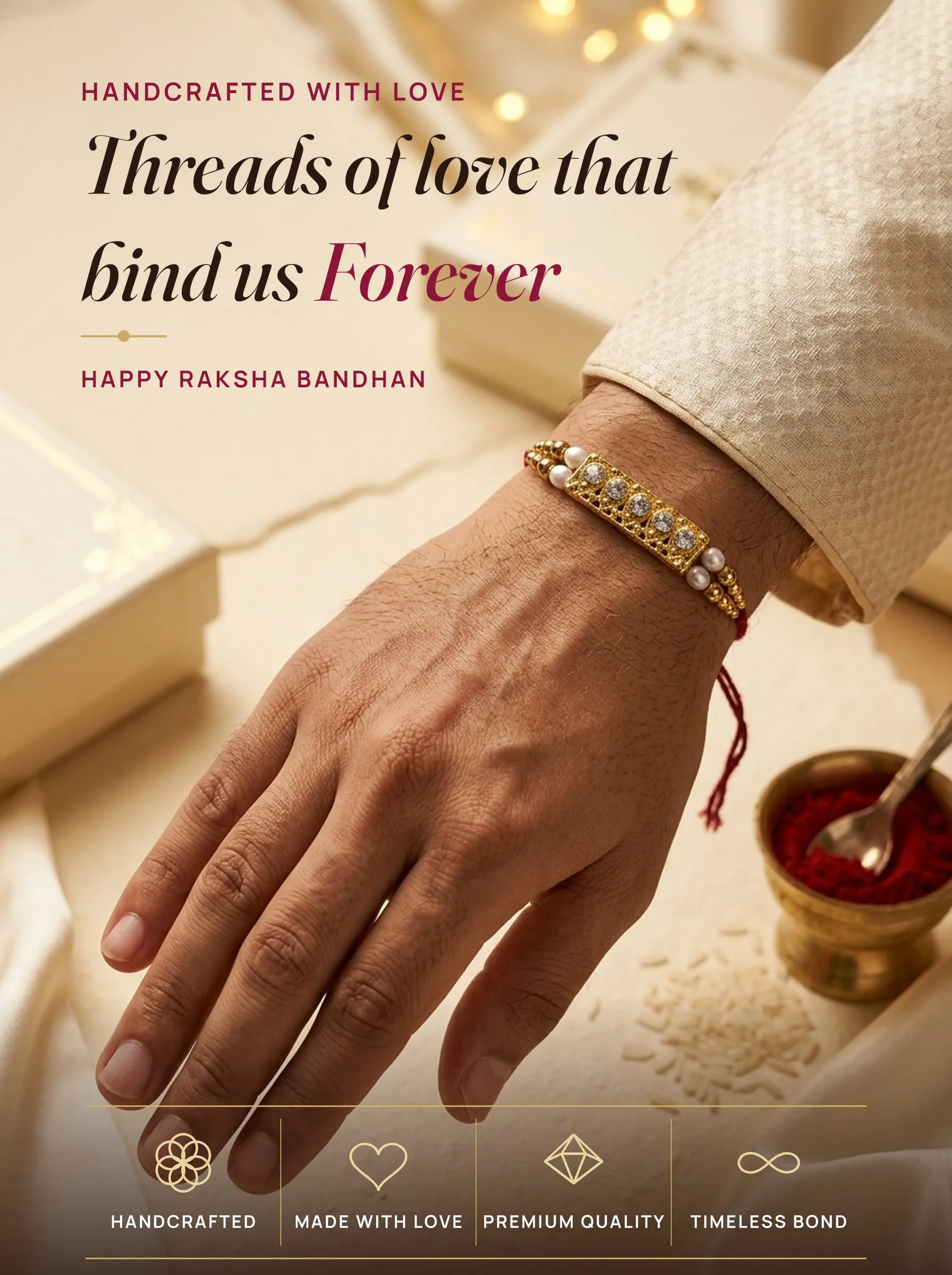 CZ Bar Filigree Pearl Rakhi – handmade Kundan rakhi from Bikaner by Arihant Novelty